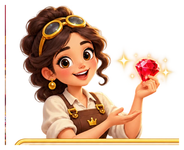 Mira, the royal jeweler, presenting a glowing ruby