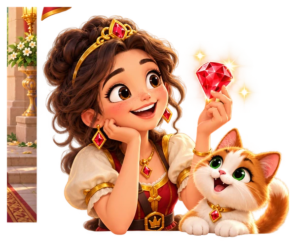 Mira the royal jeweler with Ruby the cat holding a sparkling ruby.