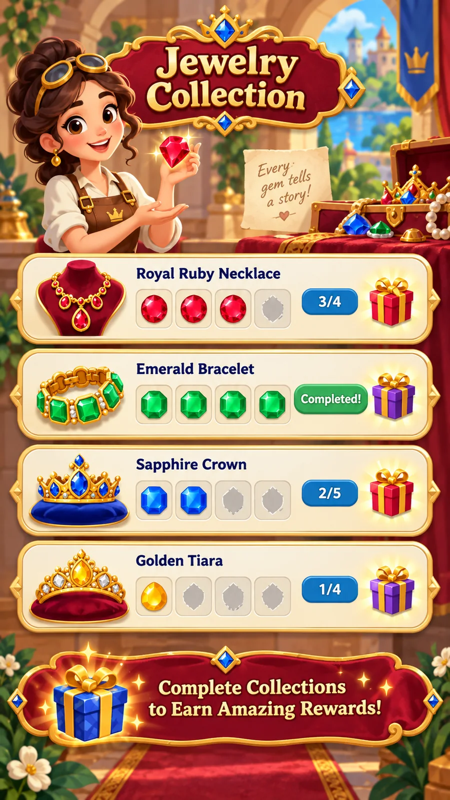 Jewelry Collection screen showing ruby necklace, emerald bracelet, sapphire crown, and golden tiara sets