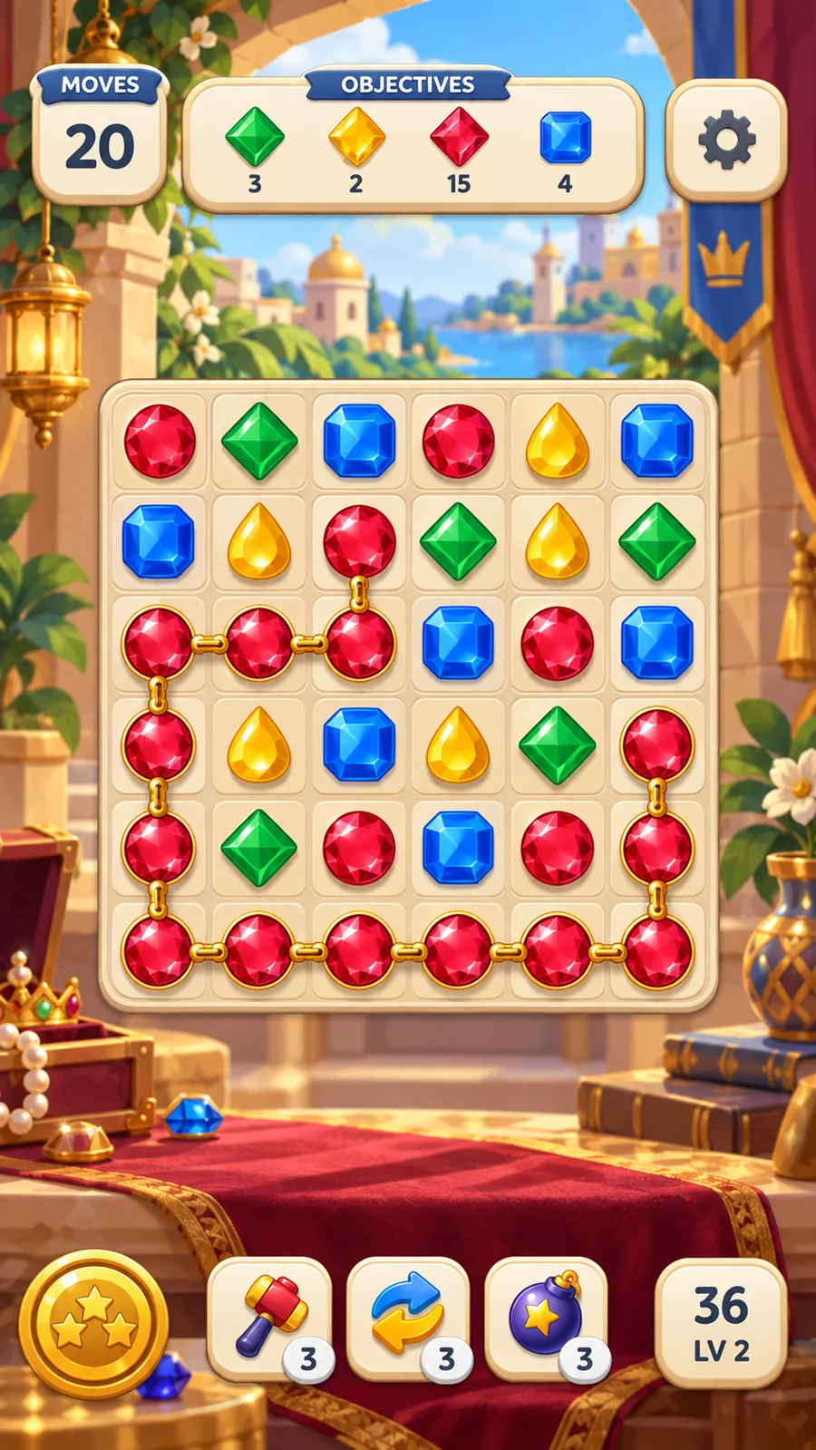 Connect Gems gameplay screen with gem board, objectives, moves, and boosters