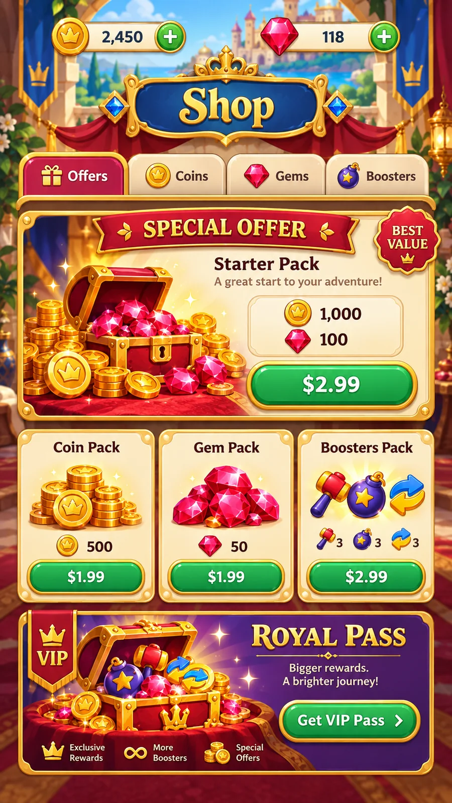 Connect Gems shop screen with currencies, starter pack, booster pack, and Royal Pass presentation