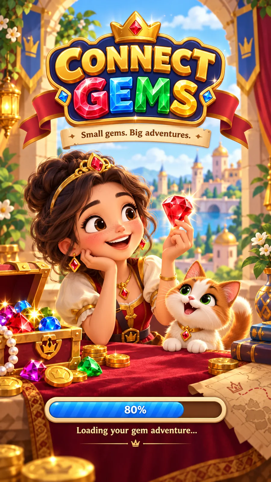 Connect Gems splash screen showing Mira, Ruby the cat, treasure, and colorful gems.